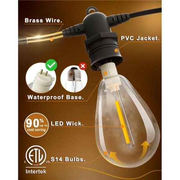 60FT LED Outdoor String Lights with 16+1 Edison Shatterproof IP65 Waterproof - Picture 2 of 7